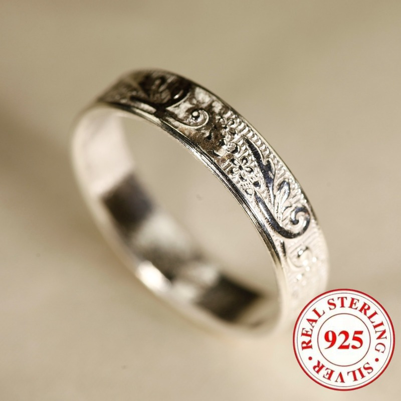 925 Pure Silvery Engraved Pattern Wide Face Ring